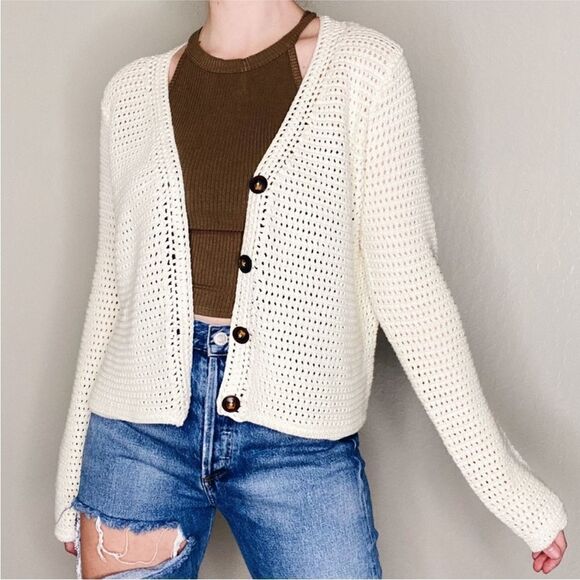 Revolve Joie Open Knit Stitch Crochet Cream White Cardigan - Picture 1 of 8